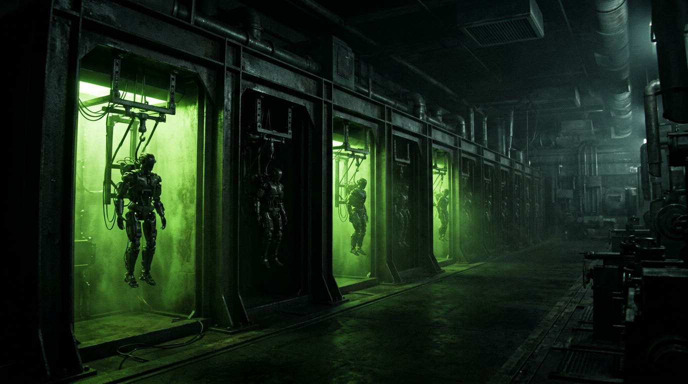 The agent racks: rows of industrial bays housing small automaton workers
