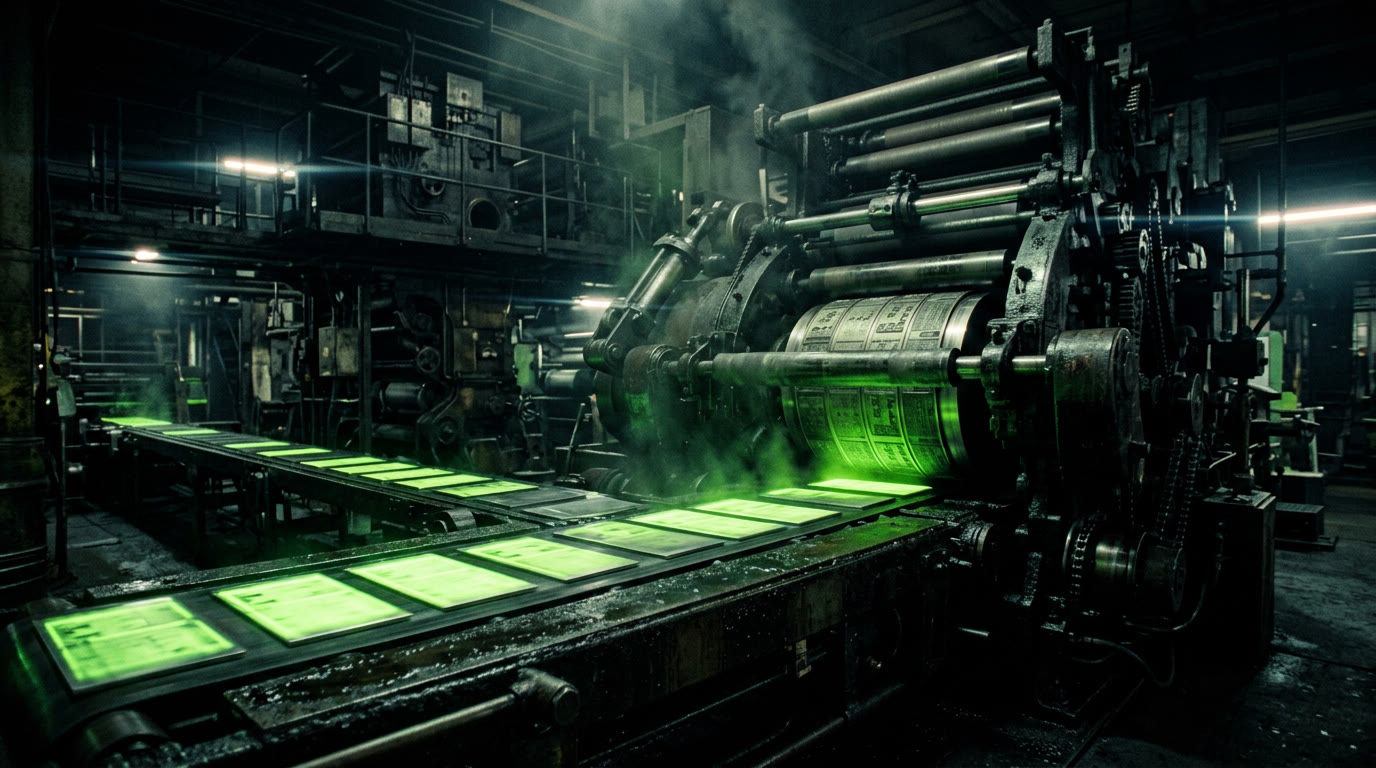 The creative press: an industrial printing machine stamping glowing plates