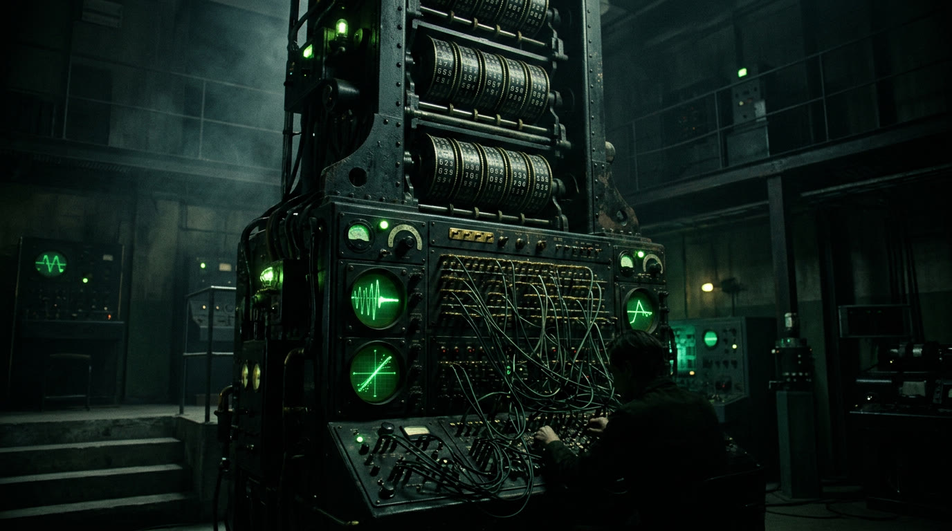 The signal decoder: a towering cipher machine with green oscilloscope screens