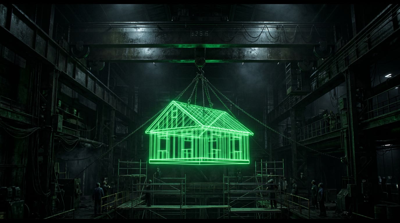 The visibility gantry: a crane hoisting a glowing wireframe house